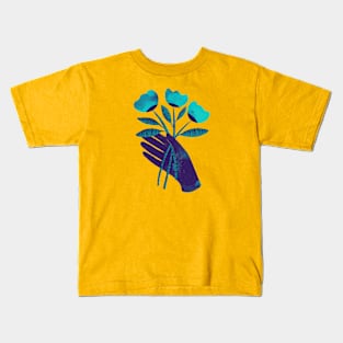 Dark purple blue hand with turquoise flowers for you on yellow Kids T-Shirt